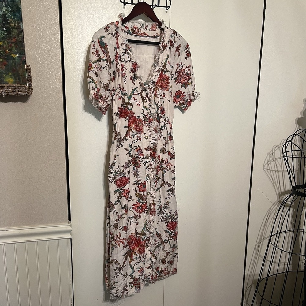 PILCRO Anthropologie Boho Floral Linen Blend Midi Dress Chic Cottagecore Size 12